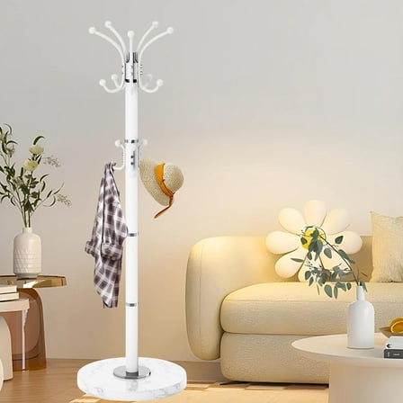 Metal Heavy Duty Coat Rack Stand, Modern 360° Roraty Freestanding Coat Rack with Natural Marble Base, White Coat Racks Hall Tree Hanger Stand with 16 Hooks for Entryway, Office