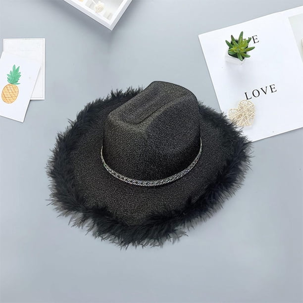 Sombrero de vaquero occidental Cadena de abalorios para disfraz Vestido de lujo decorativo Sombrero de con adorno de plumas artificiales para Negro Hugo Sombrero de vaquero
