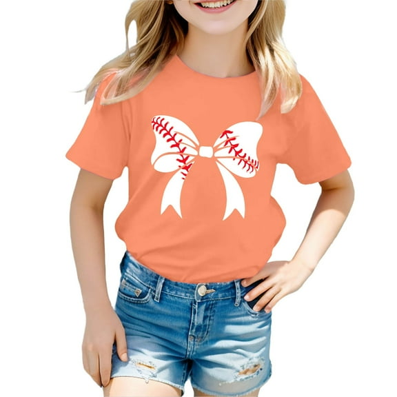 Hiijoy Toddler Girls Baseball Bow Prints T Shirt Short Sleeve Round Neck T-Shirt Graphic Tee