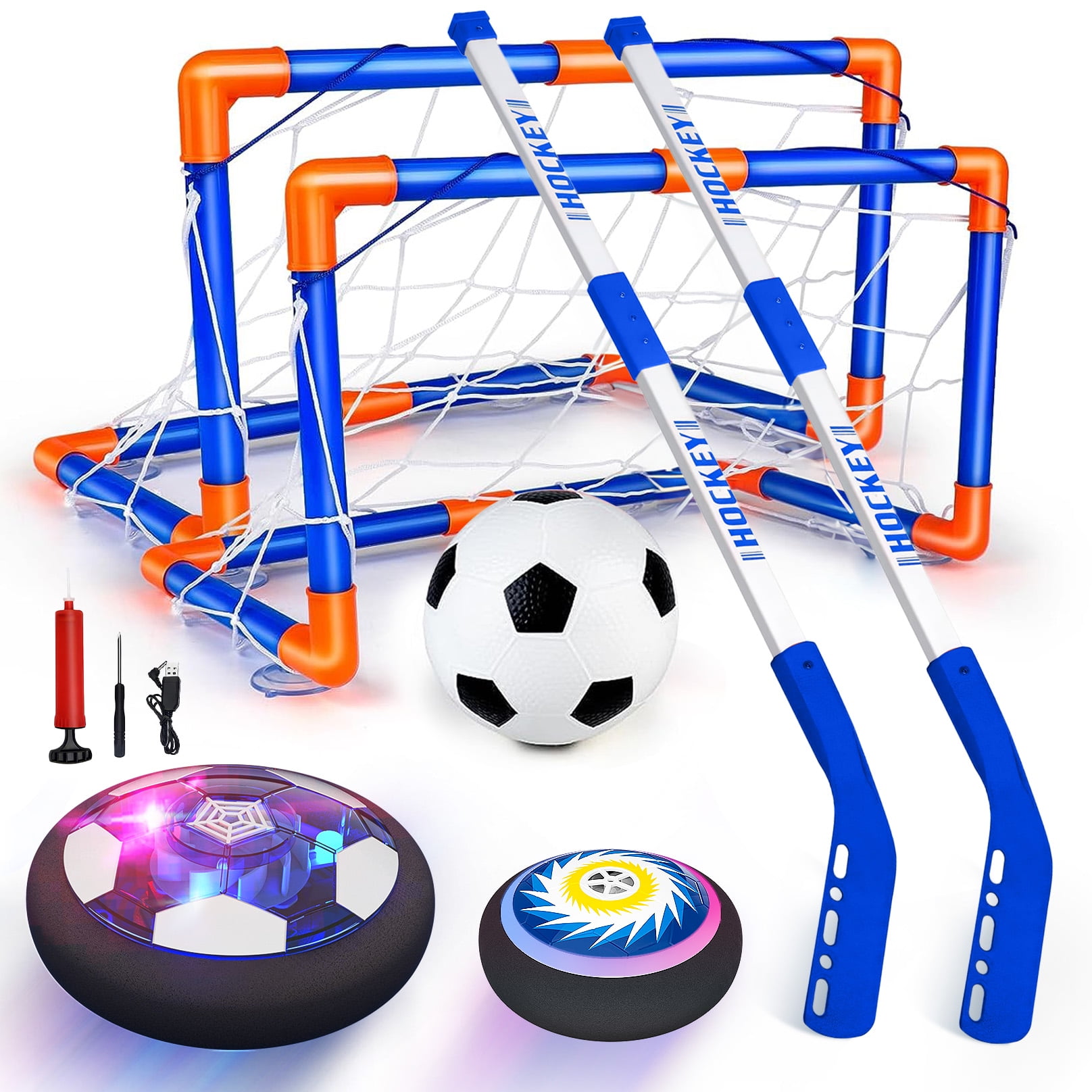 Carsky Hover Soccer Hockey Ball Set, 2 in 1 LED Rechargeable Soccer with 2 Goals Indoor/Outdoor Games Toys for Kids Boys Girls Ages 3+