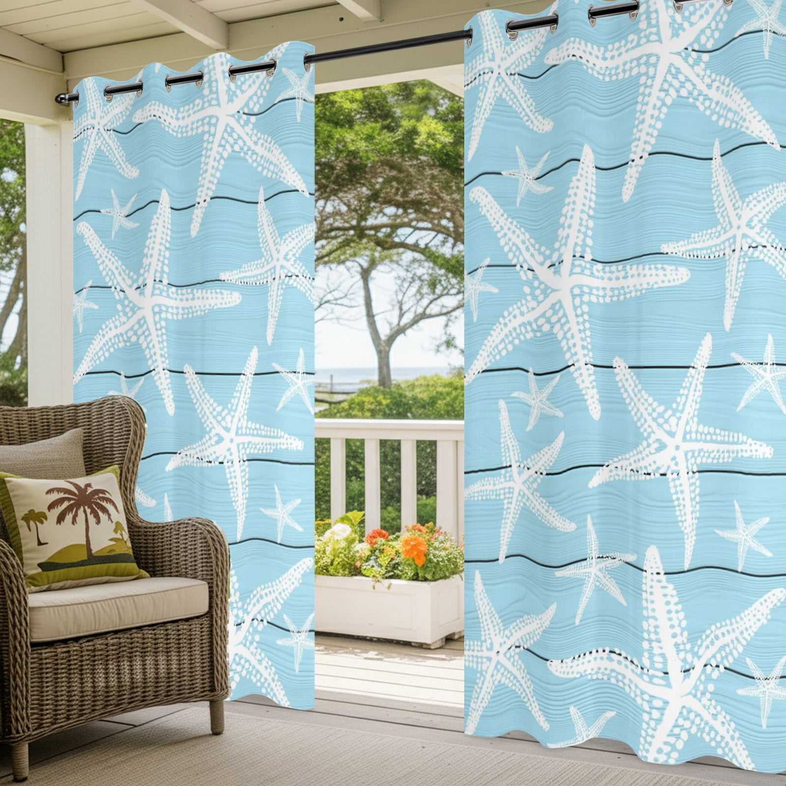 Coastal Light Blue Starfish Outdoor Curtains for Patio, Nautical Ocean Summer Minimalist Wood Grain Sunshade Privacy Drapes Grommet Waterproof Outside Curtains for Porch Balcony 54"x108", 1 Panel