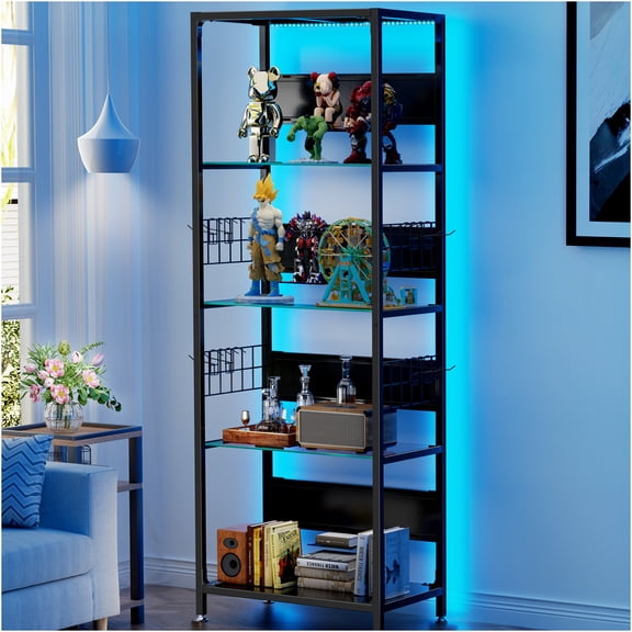 JERFIT 4 Tier RGB LED Glass Display Shelf with App Control, Adjustable Glass Shelves & Storage for Home Office Decor, Black