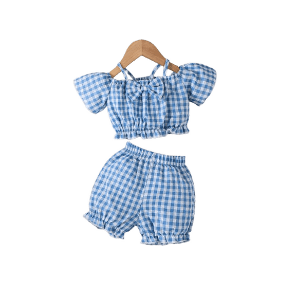 Mikrdoo Baby Girls Plaid Pattern 2Pcs Off Shoulder Strpas Front Bow Tops and Matching Shorts Summer Cute Clothes Blue 6-9 Months