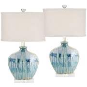 Possini Euro Design Coastal Table Lamps 25 High Set of 2 Ceramic Blue Drip Off White Shade for Living Room Family Bedroom Home (Colors may vary)