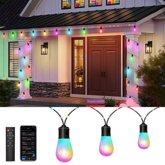 Outon Smart Outdoor Easter String Lights , 46ft RGB IC Warm White 12 LED Bulbs, Alexa Google Enabled, Light Beats Music Sync, Remote & APP Control, 2.4 GHz WiFi, for Patio Easter Decor