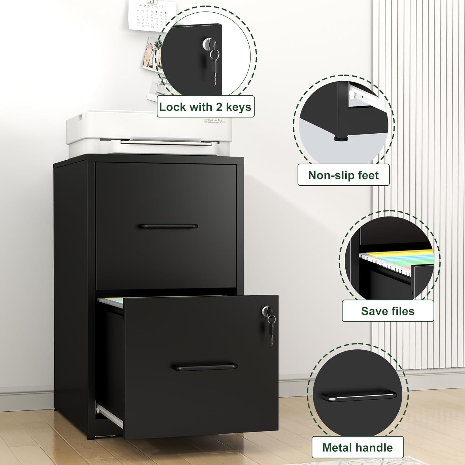 2 Drawer File Cabinet with Lock, Vertical Filing Cabinet for Home Office, Heavy Duty Storage Cabinet for Letter Size, Assembly Required(Black)
