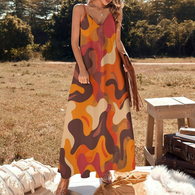 ZZZHY Sunset Orange Camouflage 486 Women s Casual Halter Maxi Dress Backless Sundress Loose Flowy for Summer Beach Travel Vac Walmart