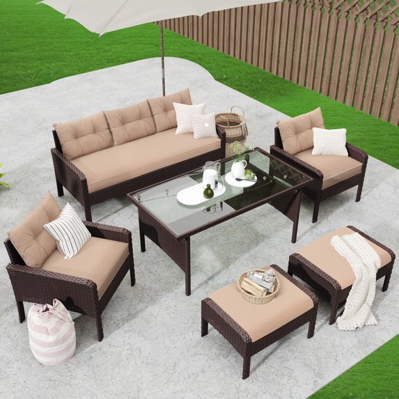 Outdoor Furniture Set, 6 Piece Conversation Set Patio Furniture with Removable Cushions and Tempered Glass Coffee Table, Outdoor Lounge Chair Wicker Furniture for Backyard Poolside, Brown, LJ3708