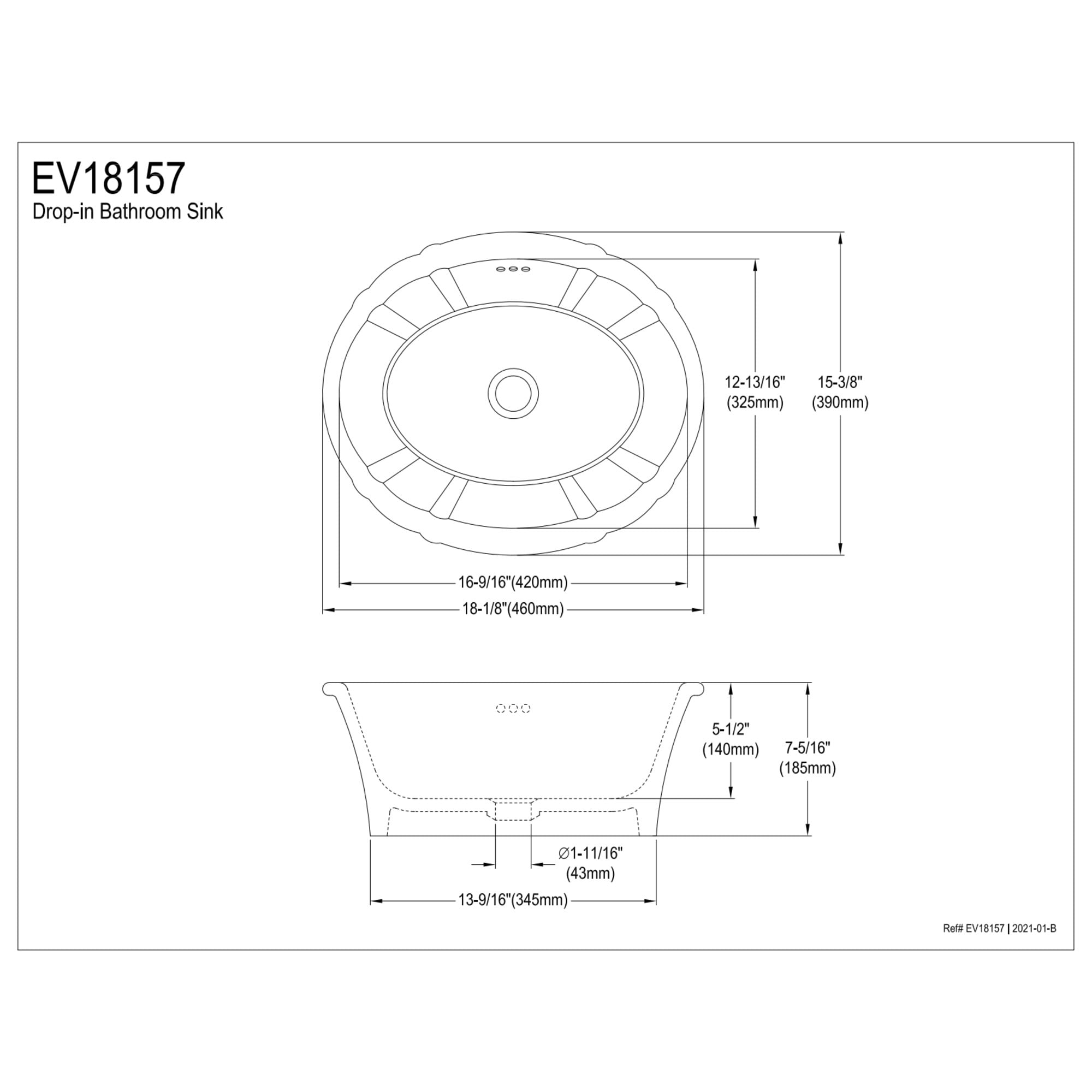 Kingston Brass EV18157 Vintage 18-1/8" Ceramic Single Bowl Drop-In Bathroom Sink, White