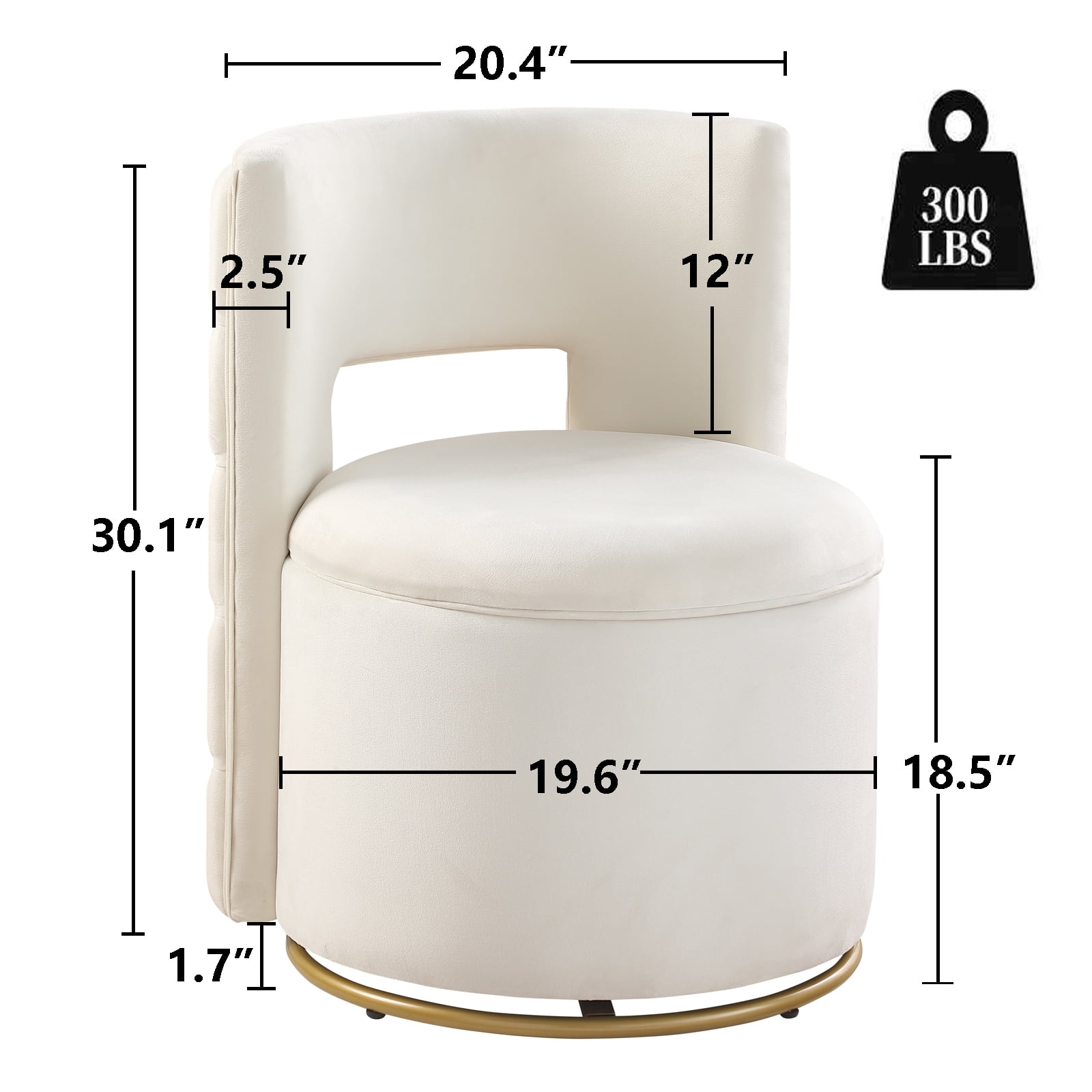 Leumius 360° Swivel Accent Chair with Storage,Velvet Curved Chair with Gold Metal Base for Living Room,Nursery,Bedroom-White