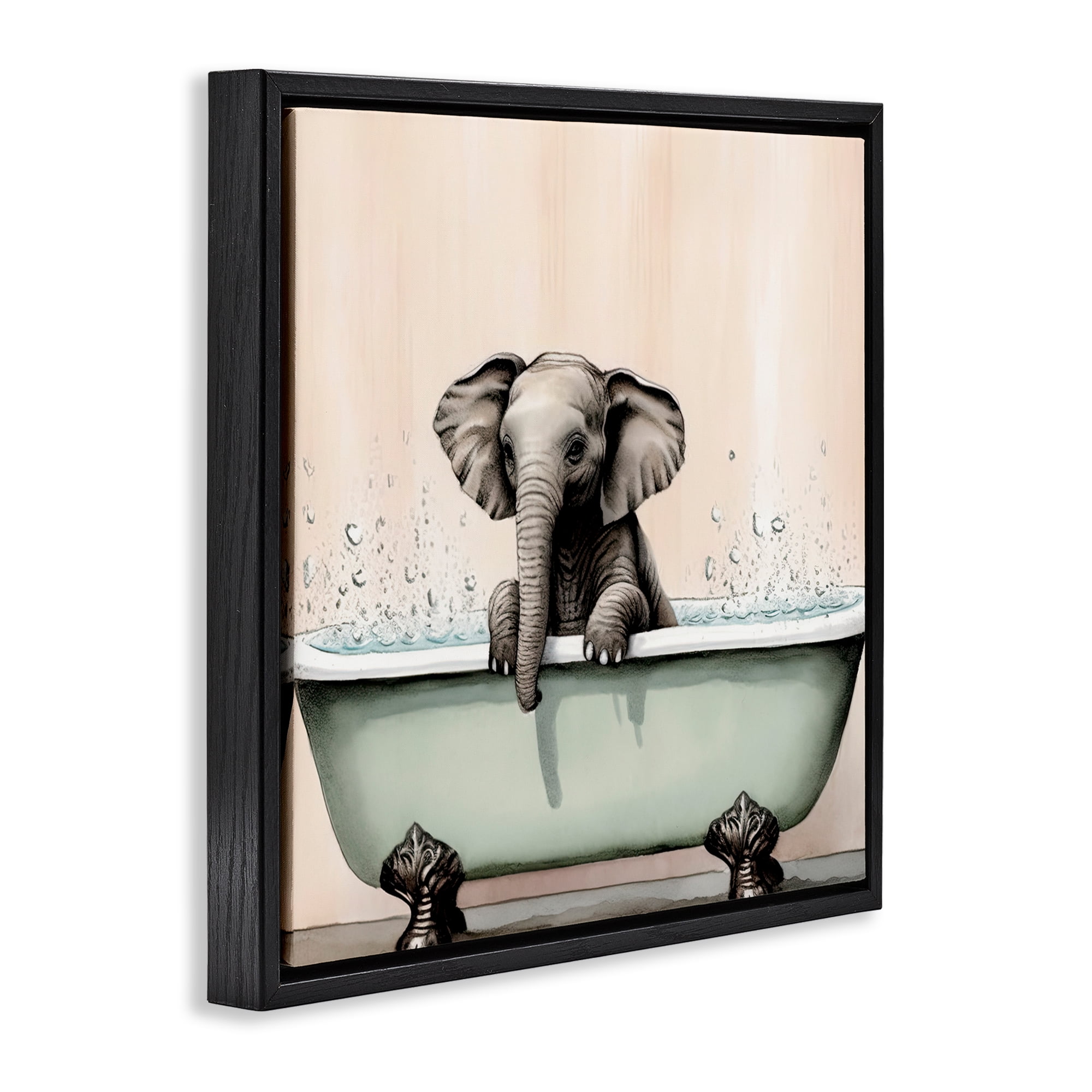 Baby Elephant Bathtime Black Framed Floater Canvas Wall Art, design by Sasha