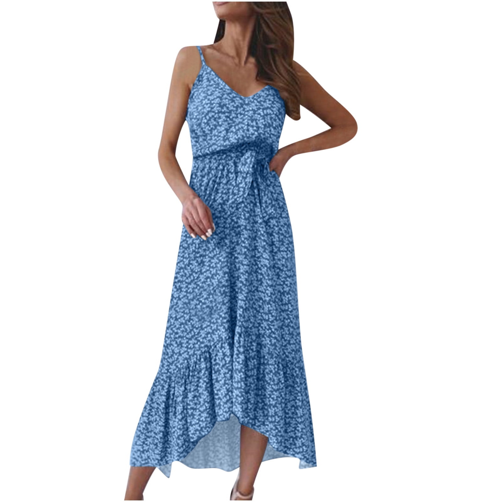 VSSSJ Women Summer Dresses Sleeveless Irregular Ruffle Hem Floral Printed Casual Boho Long Dress