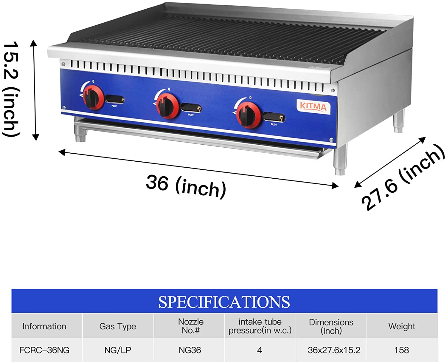 KITMA Commercial Countertop Radiant CharBroiler - 36 Inches Natural Gas Char Broiler with Grill for Barbecue, 105,000 BTU per Hour - image 2 of 7