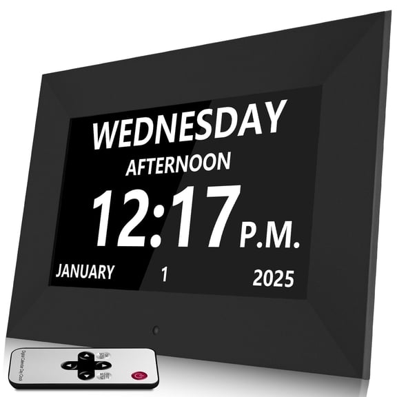 Jazeyeah 7 Inch Digital Alarm Clock with Date and Day of Week for Seniors-20 Alarms 20 Reminder Large Display Auto DST Perfect for Elderly
