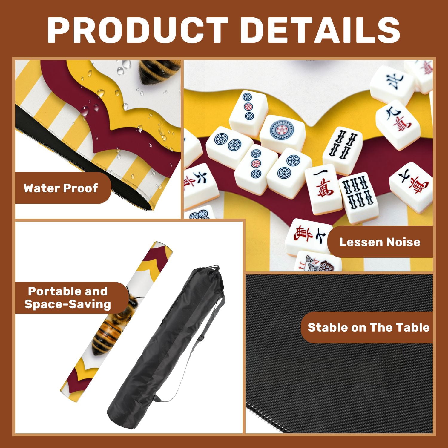 Mahjong Mat 31.5" x 31.5" Realistic Honey Bee Layered Geometric Yellow Maroon Accents Non-Slip Noise Reduction American Mahjong Tiles Table Cover for Dominoes Poker Card Board Games Gift