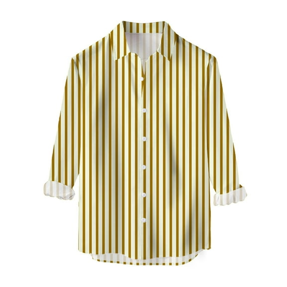 Mens Casual Button Down Shirts Long Sleeve Stripe Slim Fit Top Blouse Fashion Mens Dress Shirts Yellow XXXL