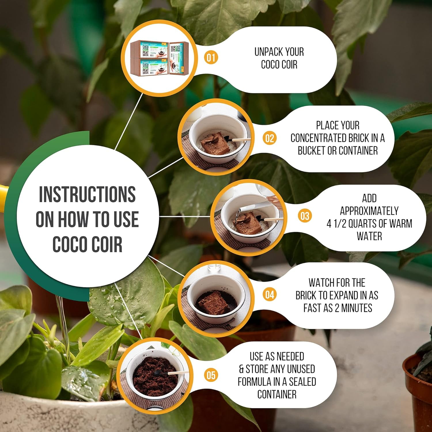 Compressed Coco Coir Bricks, 5 Count, Natural Seed Starter with Low EC and pH Balance, Enhance Root Growth in Herbs, Flowers, and House Plants, Organic with High Expansion - by Vivlly