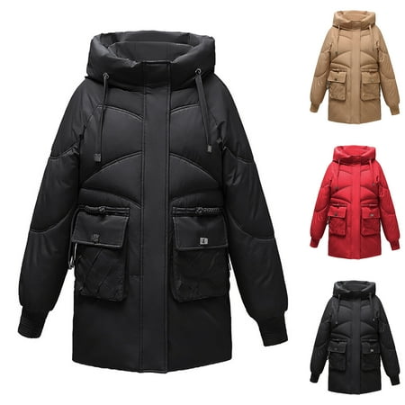 Loopsun Womens Outerwear Jackets Winter Quilted Coats for Women Women s Casual Solid Color Long Sleeve Hooded Padded Jacket Outerwear Black XL