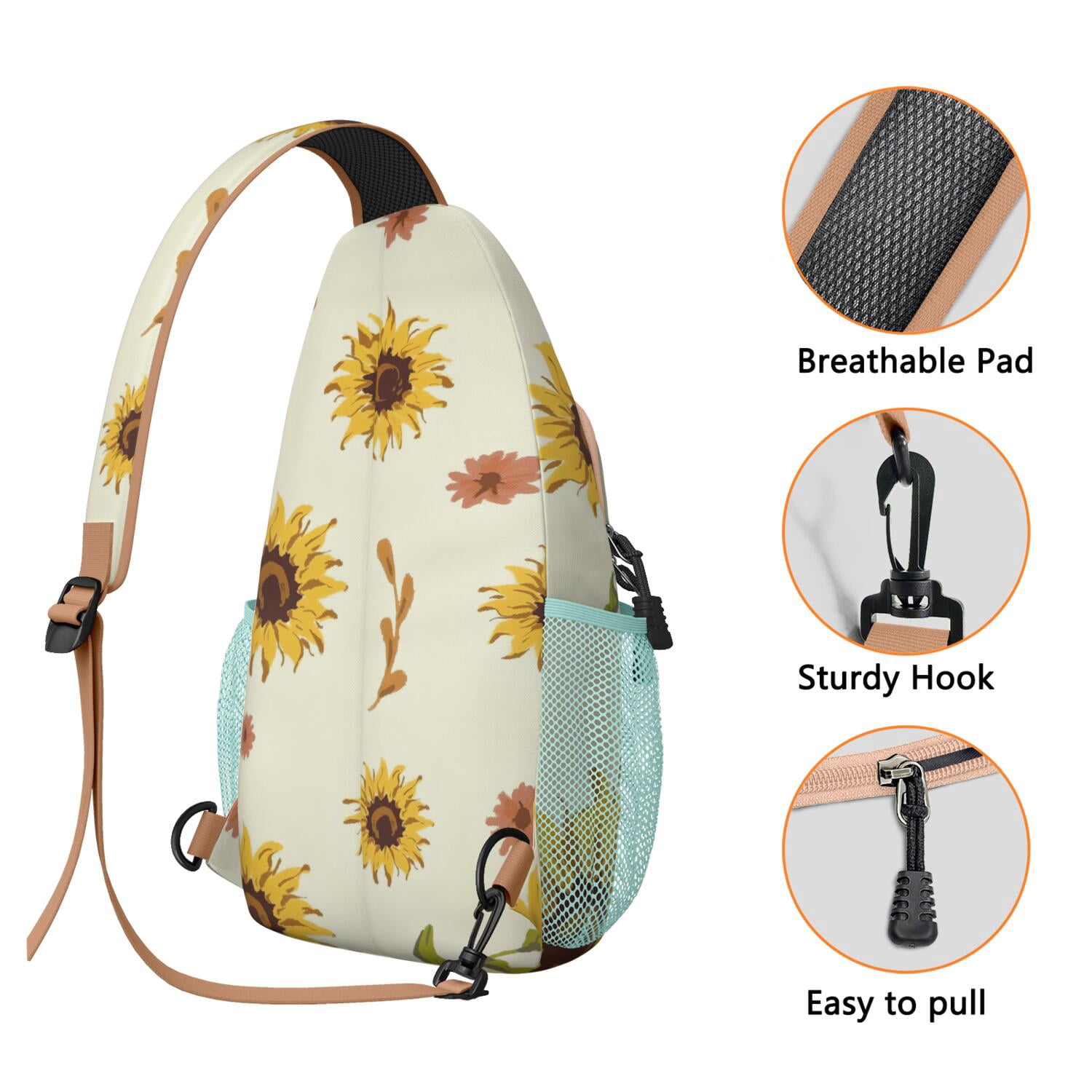 Country Sunflower Farm Theme Sling Bag Golden Floral Chest Backpack with Spacious Pockets Hands-Free Option for Men & Women