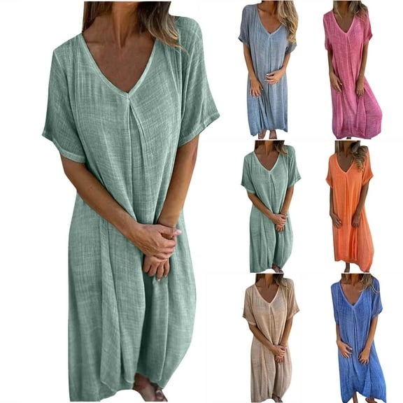Ashirexll Maxi Dresses for Women, Womens Summer Dresses, Fashion Casual Round Neck Solid Color Short Sleeve Loose Dress