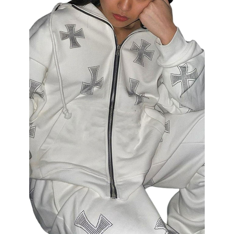 Yinyinxull Women's Zip Up Sweatshirt Cross Rhinestone Jackets Y2K Long  Sleeve Printed Hoodies Streetwear White-B L