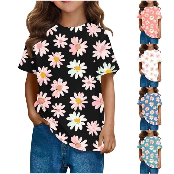 Tranfacy Boys and Girls Short Sleeve Round Neck T‑Shirt Summer Print Fashion Casual Tops for 3 to 14 Years Old