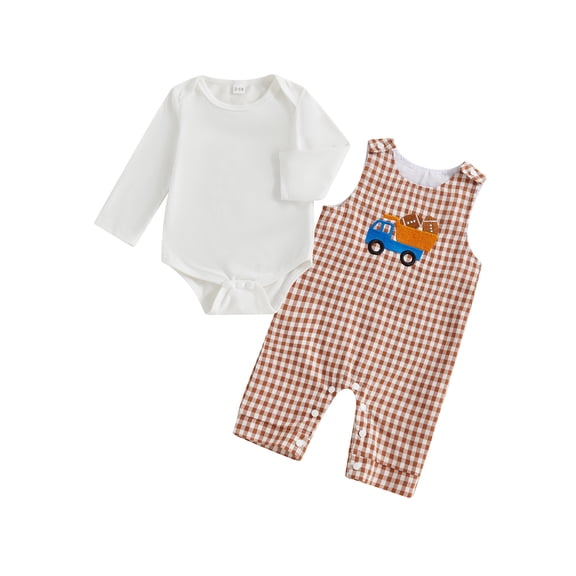 BemeyourBBs Baby Boy Fall Outfit Long Sleeve Romper Plaid Overall Pants 2 Pcs Set