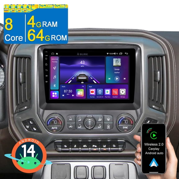 8 Core Android 15 CarPlay Radio 4 64GB Car Stereo for Chevy Silverado GMC Sierra 2014-2018 with GPS Navi/Wi-Fi/BT 5.0/FM/DSP/1280x800