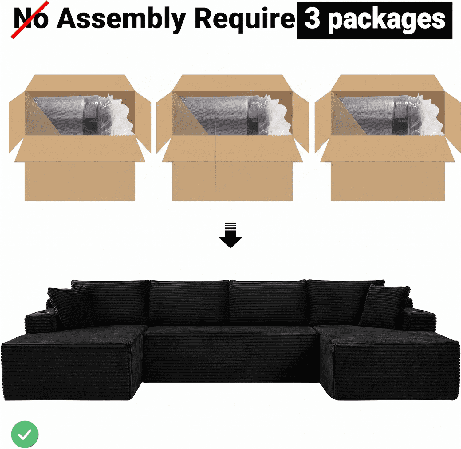 Xiweot Cloud Couch Modular Sectional Sofa for Living Room, 134" Oversized U Shaped Boneless Couch with Cup Holder & Storage Pocket, Corduroy Comfy Upholstered Deep Seat Sofa for Apartment, Black