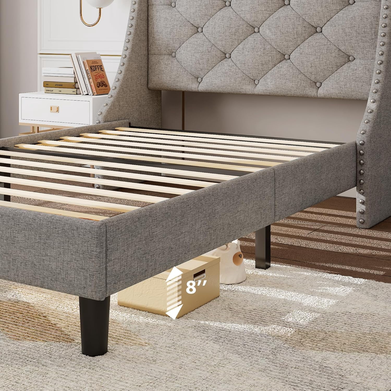 Feonase Twin Bed Frames with Luxury Wingback and Fast Charging Station,Upholstered Button Tufted Storage Headboard Twin Platform Bed,Sturdy Wooden Slats Support,Noise-Free,Easy Assembly,Light Gray