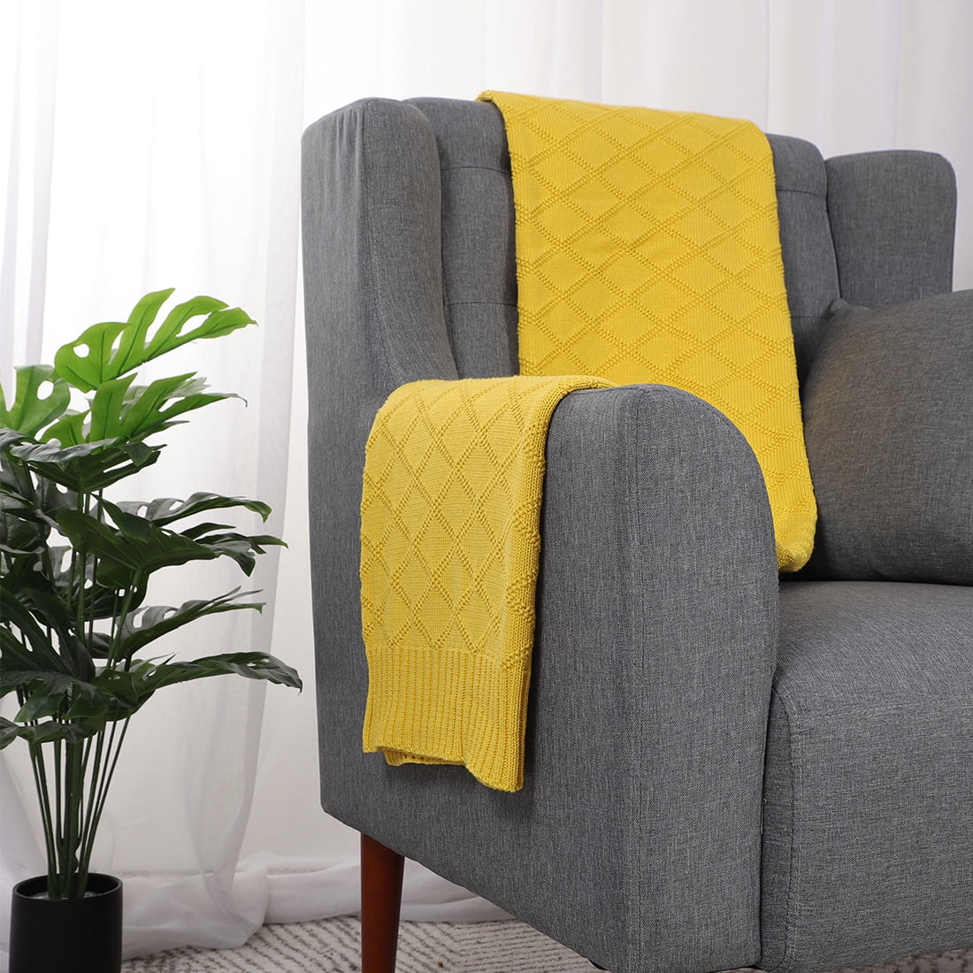Unique Bargains  100% Cotton Cable Knit Throw Blanket Yellow 50" x 60"