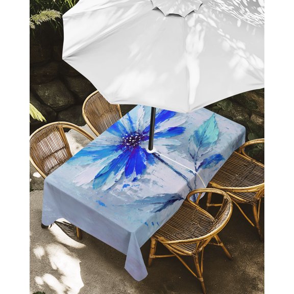Outdoor Tablecloth with Umbrella Hole, Blue White Daisy Flower Zippered Table Cloth for Rectangle Tables, Abstract Oil Painting Mottled Back Washable Waterproof Tablecloths for Picnic Patio Garden