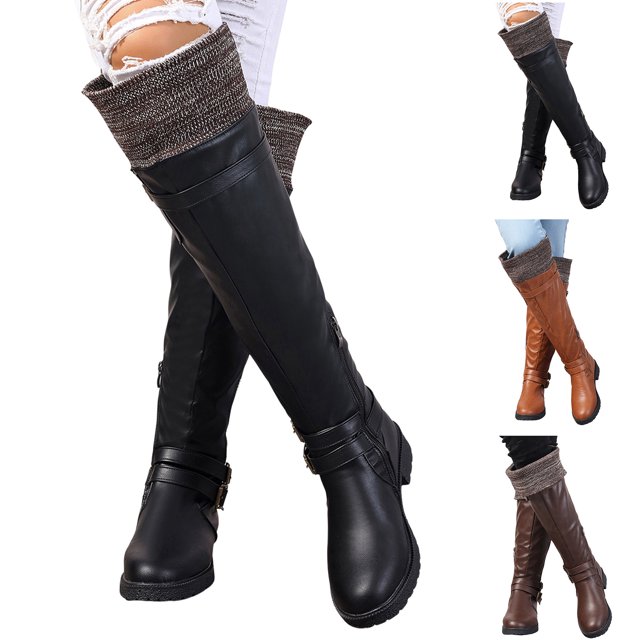 Dakaela Women's Knee High Boots Comfort Buckle Riding Combat Boot Round Toe Long Tall Fall Winter Shoes