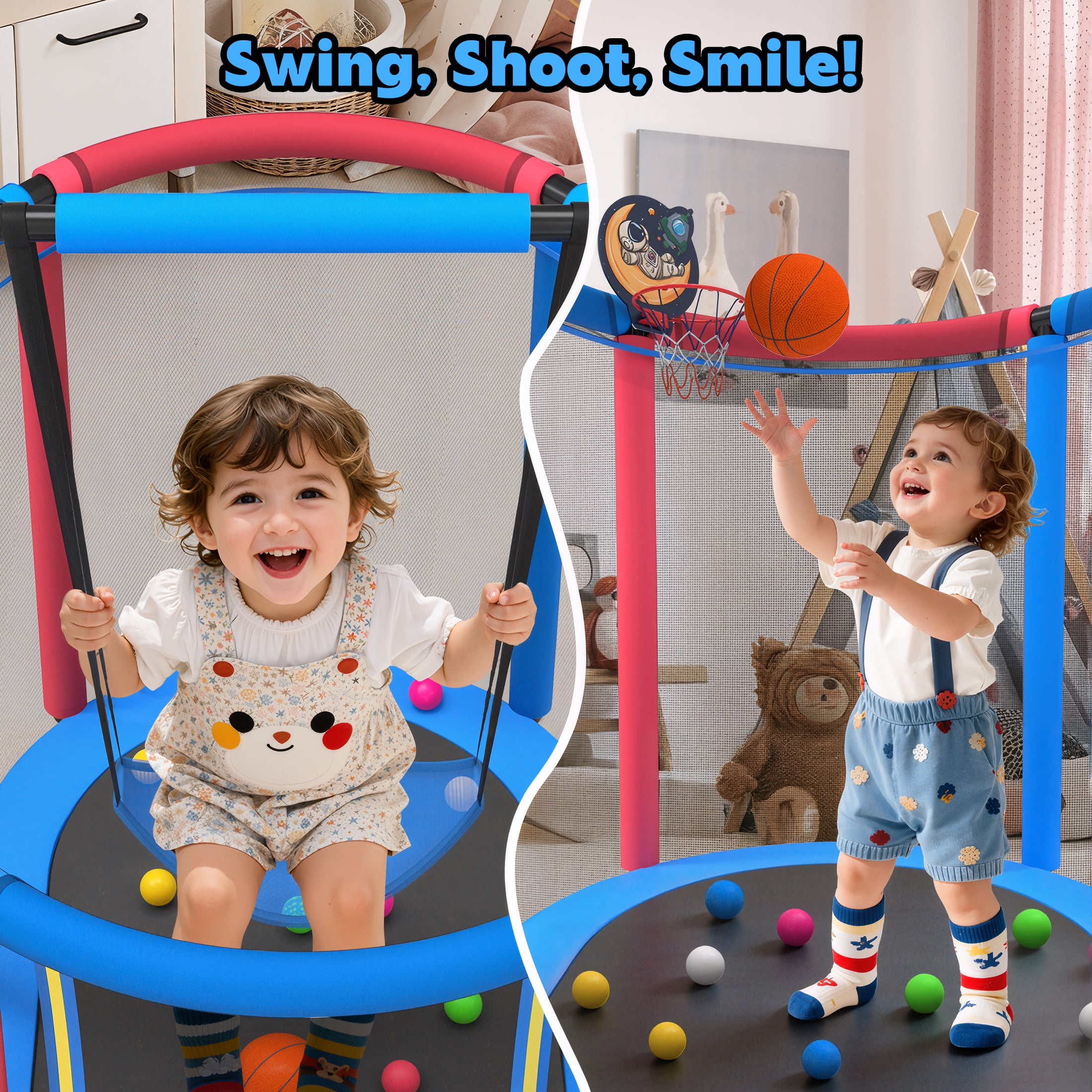 60" Toddler Trampoline with Safety Enclosure Net, SEGMART Upgraded Kids Trampoline with Basketball Hoop, Swing, Rings, Balls, Indoor Outdoor Mini Trampoline Birthday Gift for Kids Ages 3-9