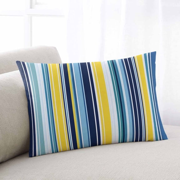 Blue Yellow Teal Stripes Throw Pillow Cover Case, Couch Sofa Bed Pillowcase, Soft Decorative Lumbar Pillow Protector, Boho Colorful Ombre Texture 16x24Inch Reversible Pillow Shams with Zipper
