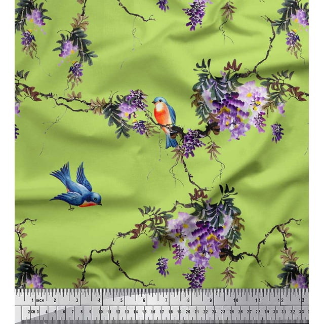 Soimoi Green Rayon Fabric Floral & Flowerpecker Bird Decor Fabric Printed Yard 58 Inch Wide
