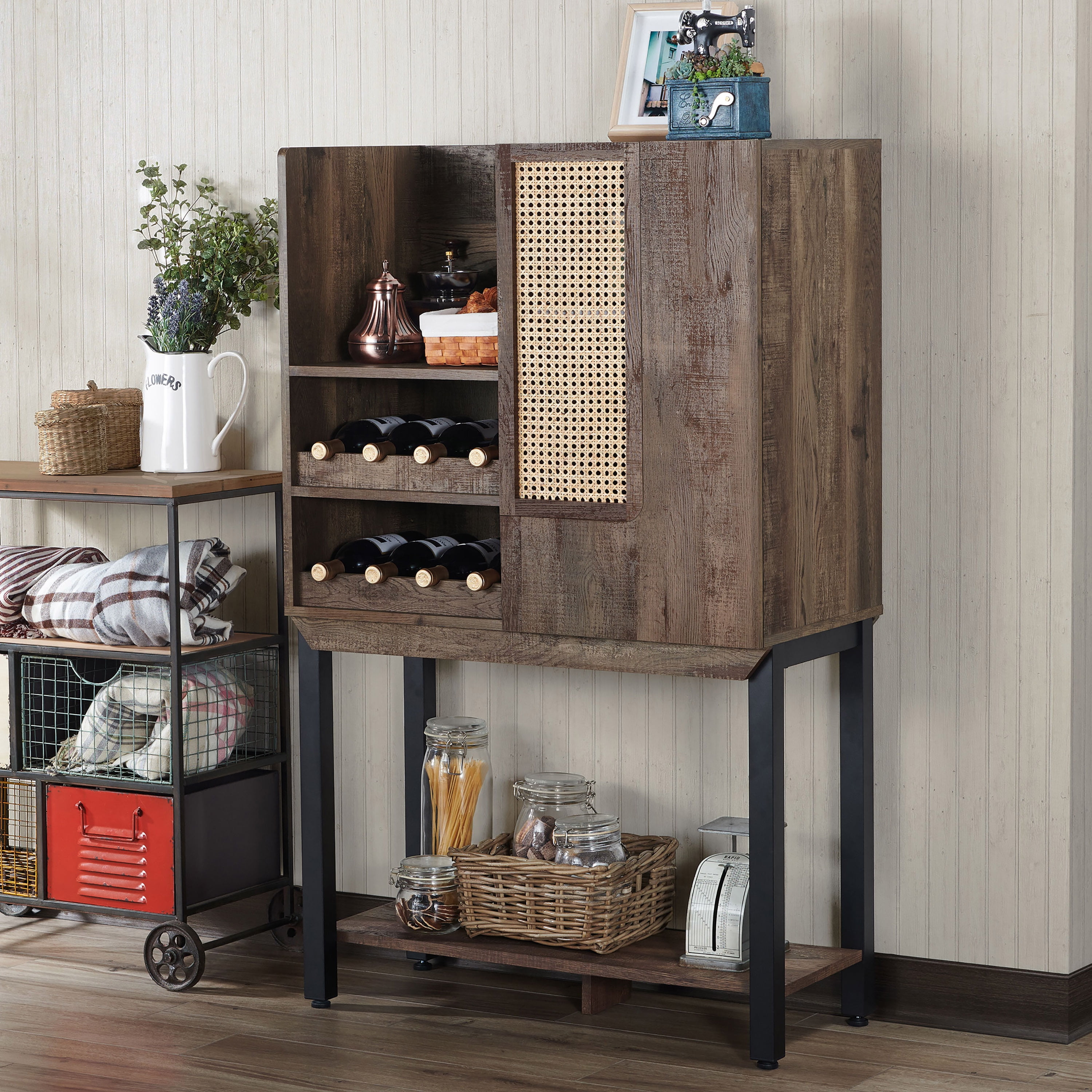 Furniture of America Pinos 31.49"Width Wood 8-Bottle Wine Cabinet with Shelves, Reclaimed Oak