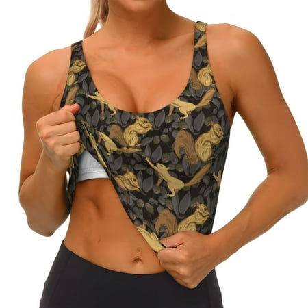 Qokaie Squirrel Gathering Nuts Pattern Womens Scoop Neck Sports Bra Breathable Workout Vest Padded U Back Medium Impact Fitness Gym Yoga Bra Workout Crop Top
