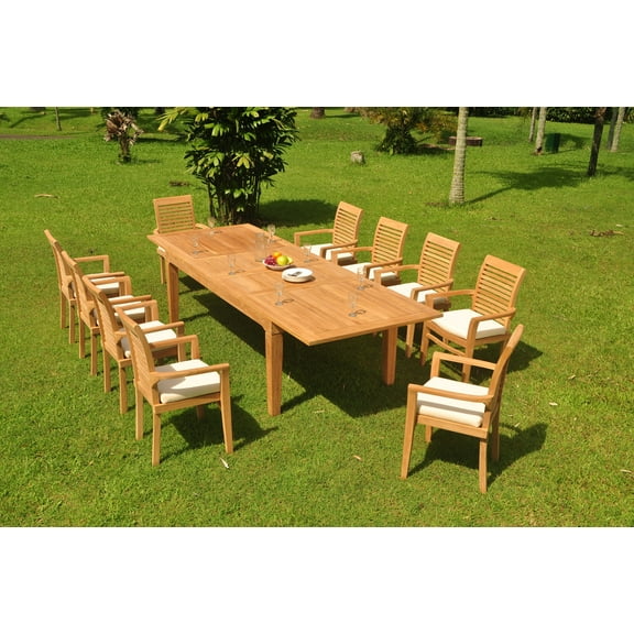 Grade-A Teak Dining Set: 10 Seater 11 Pc: 122" Caranas Double Extension Rectangle Table And 10 Mas Stacking Arm Chairs Patio WholesaleTeak #WMDSMS42