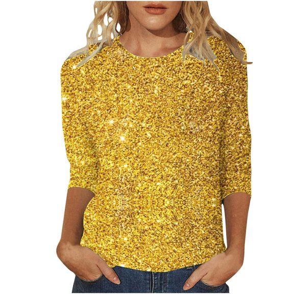 Ruimatai Women's T-Shirt Glitter Print Crew Neck 3/4 Sleeve Top Stylish Casual Blouse with All-Over Shimmer Design for Everyday Wear