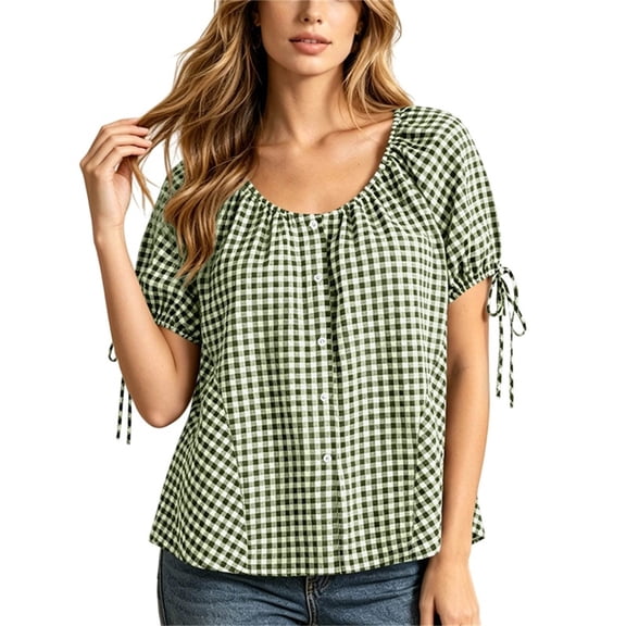 Edvintorg Button Up Shirt Women Plaid Printed Crew Neck Short Sleeve Loose Casual Blouses Summer Tops for Women Green XL