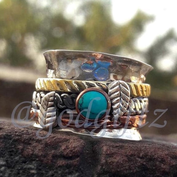 Inisha Creation Turquoise Spinner Ring: 925 Sterling Silver Meditation Band, Handmade Leaf Design