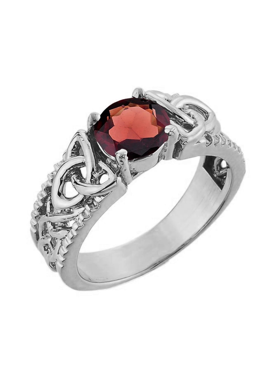 White Gold Celtic Knot Garnet Gemstone Ring (7, 14K) by