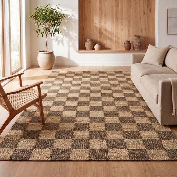 JONATHAN Y NATURAL FIBER 8 x 10 Area Rug, Theo Farmhouse Woven Jute Checkerboard - Natural/Brown, NRF203A-8