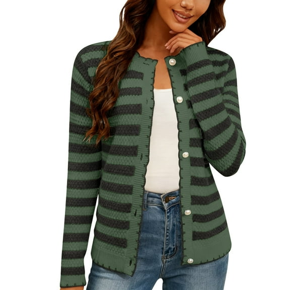 Sweaters for Women Lightweight Fall Winter Striped Knit Cardigan Long Sleeve Button Up Blouses for Women,Army Green,L