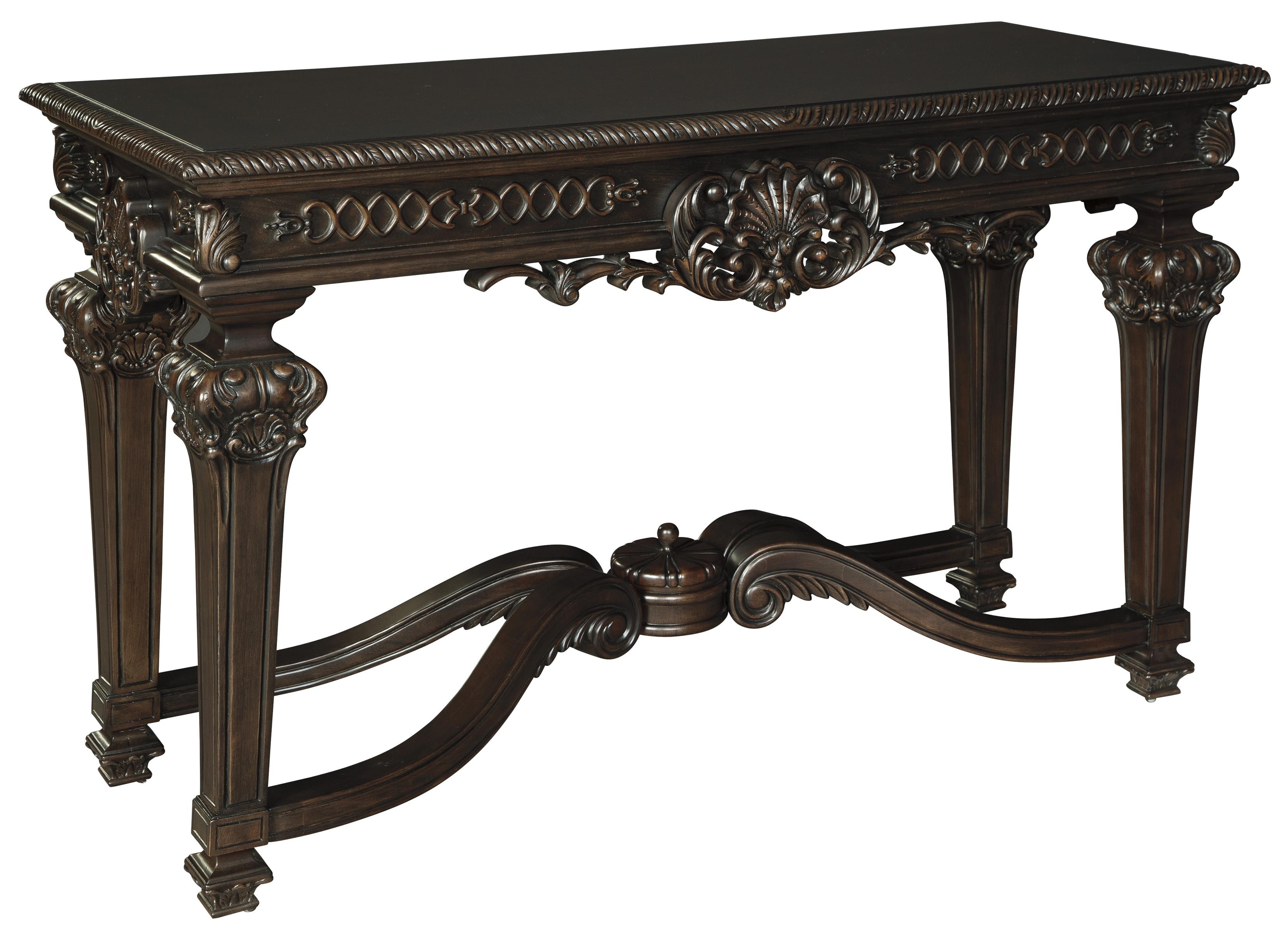 Engraved Wooden Frame Sofa Table with Fluted Turned Legs, Dark Brown