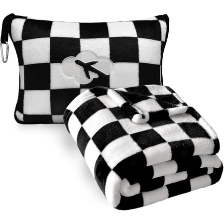 Travel Blanket and Pillow Compact, Premium Soft 2 in 1 Airplane Blanket with Soft Bag Pillowcase，Hand Luggage Sleeve and Backpack Clip (Checkered Black)