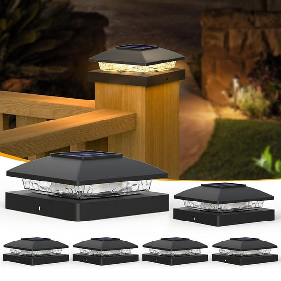 6 Pack Solar Post Cap Light, Waterproof Outdoor Post Light, 4x4 Vinyl/Wooden Posts Solar Light, Post Cap Light Solar Powered with Warm Light for Garden/Patio/Porch/Fences/Courtyards, Black