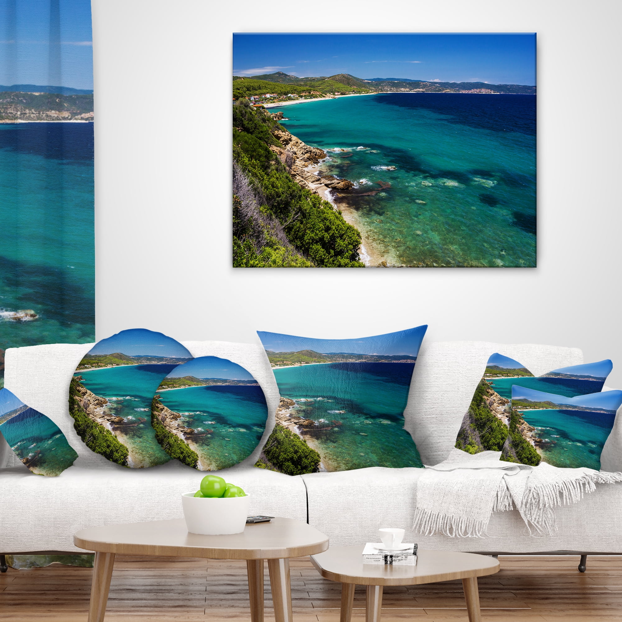 Designart Beautiful Greek Beach of Sea - Seashore Throw Pillow - 18x18