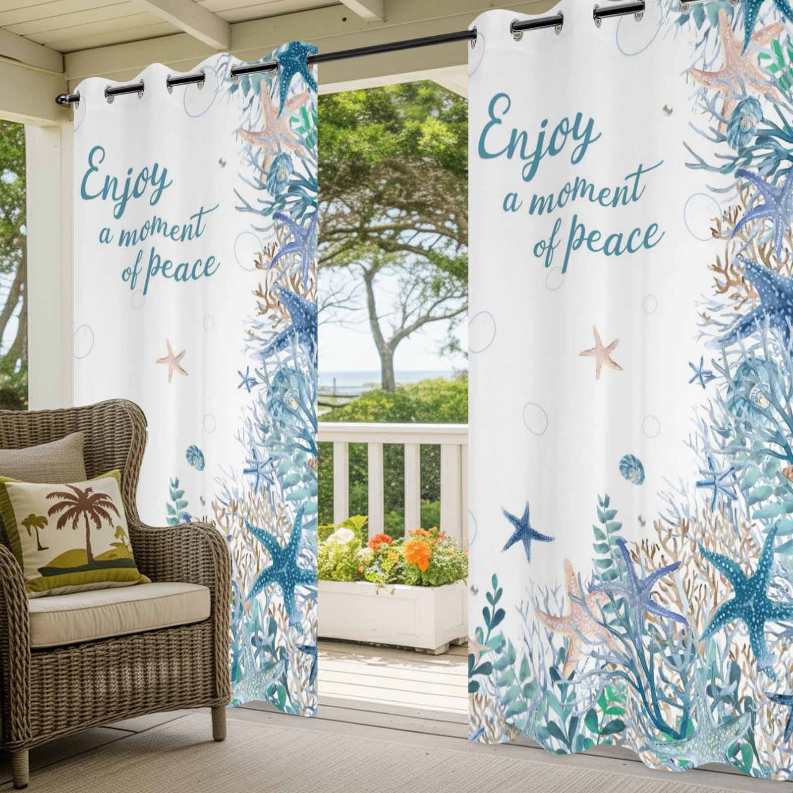 Ocean Life Outdoor Curtains for Patio, Blue Starfish Coral Eucalyptus Leaves Enjoy A Moment F Peace Sunshade Privacy Drapes Grommet Waterproof Outside Curtains for Porch Balcony 54"x108", 1 Panel